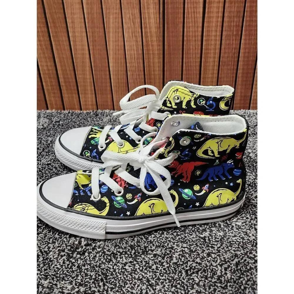 Converse Hi Top Gamer Sneaker Size  1 Junior Black Dinosaurs Lace Up Shoes #A78